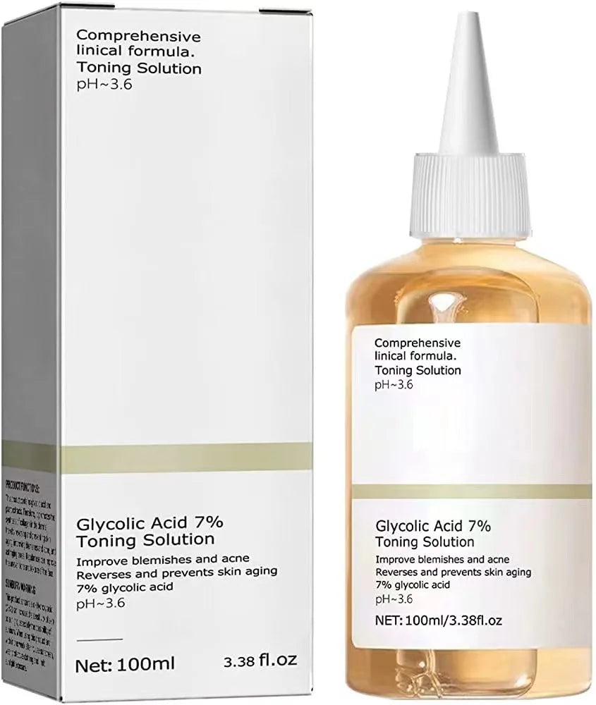 7% Glycolic Acid Toning Solution, 100ml, for clearing acne and moisturizing the skin. Rejuvenating lotion./ Solución tonificante de ácido glicólico al 7% de 100 ml para eliminar el acné e hidratar la piel. Loción rejuvenecedora.